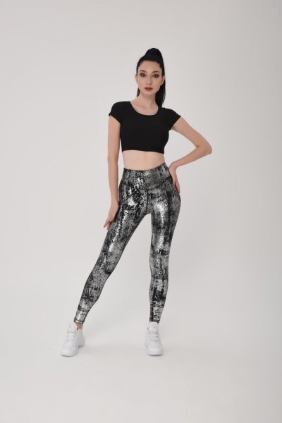 Gümüş Yaldızlı Extra Yüksek Bel Spor Tayt